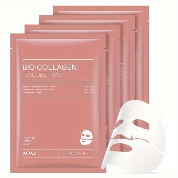 4pcs Bio-Collagen Real Deep Mask Pack Hydrating & Firming Facial Sheet Masks with Collagen, Hyaluronic  & Nicotinamide Moisturizing & Invigorating for All Skin Types(1pc/4pcs/8pcs)