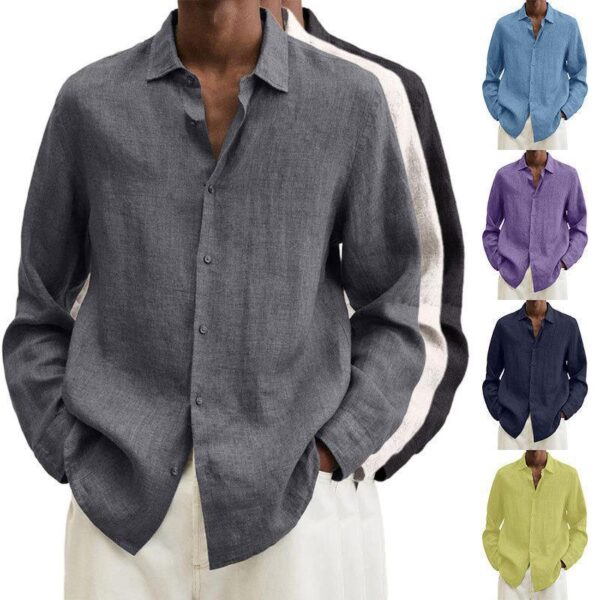 Men's Long Sleeve V-Neck Shirt Loose Fit Button Cotton Linen Cardigan Shirt for Men
