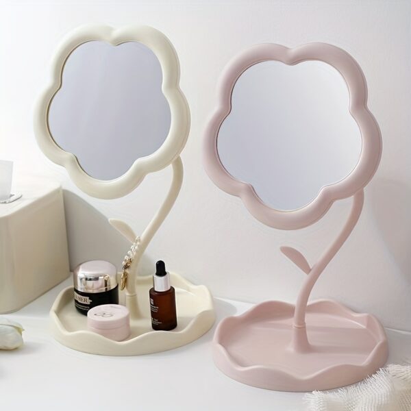 Flower-Shaped Dresser Mount Makeup Mirror, Adjustable Rotation, No-Battery Polished Plastic Frame, Compact Vanity Mirror with Storage Tray for Bedroom, Students, and Travel - Unscented, Flower Theme