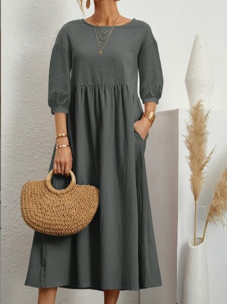 Fashion Ladies Solid Color Dress Lantern Sleeve Loose Cotton Linen Pocket Dress