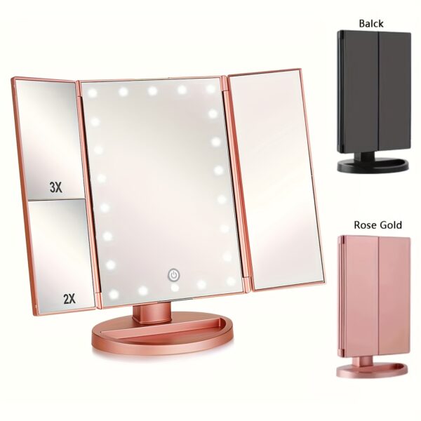 Tri-fold Lighted Vanity Makeup Mirror With 3x/2x Magnification, 21 LEDs Light And Touch Screen, 180 Degree Free Rotation Countertop Cosmetic Mirror, Travel Makeup Mirror