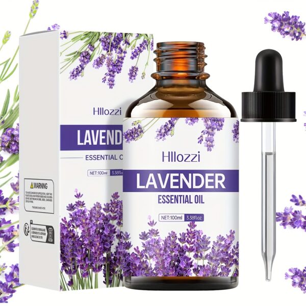 Hllozzi Lavender Essential Oil - 100ml/| Pure, Hydrating & Nourishing for All Skin Types | Alcohol-Free, Moisturizing Face & Body Massage Serum with Dropper, Massage Oil|Botanical Theme|Dropper Applicator