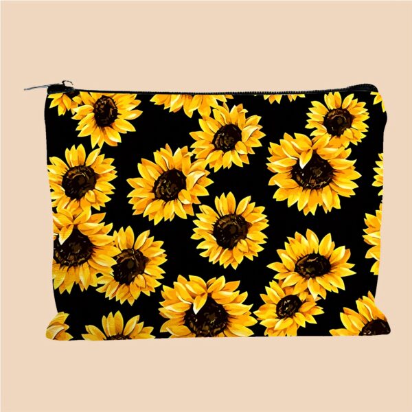 1pc Sunflower Cosmetic Pouch, Yellow Zippered Canvas