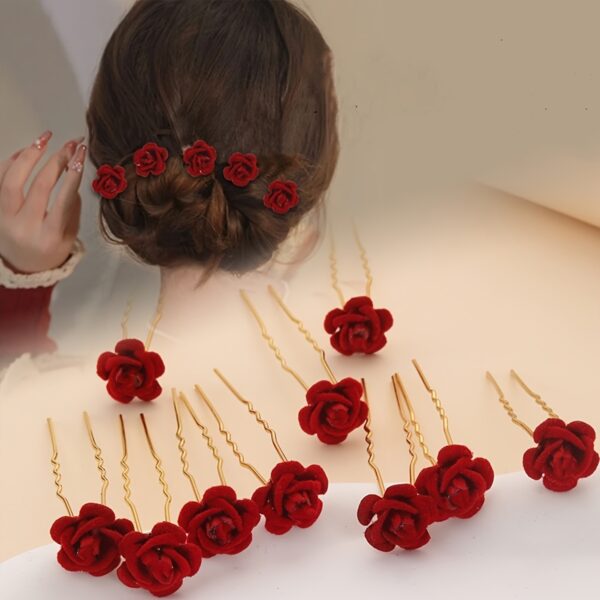 10pcs Elegant Red Rose Hair Pins -