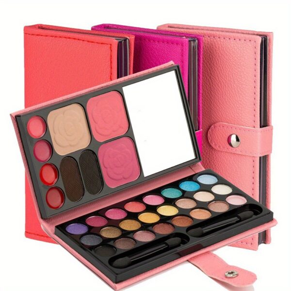 33-Color Makeup Palette with Mirror & Brush - Versatile Eyeshadow, Blush, & Eyebrow Kit in Red, Pink, & Earth Tones - Creamy Texture for Stunning Eye & Face Looks