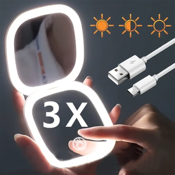 1pc Led Lighted Compact Mirror With 1X/2X/3X Magnification 3 Color Light Portable Mini Pocket Double Side Folding Makeup Vanity Mirror For Purses And Travel Office Gift