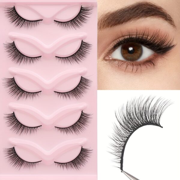 A Set of 5 Pairs of -Eye Natural False Eyelashes, Cat-Eye 3D Stereoscopic Imitation Mink, with Elongated Ends.