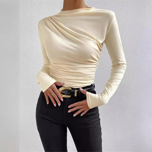 Fashion Solid Color Slim Fit Base Shirt Versatile Ruched Long Sleeve T-Shirt Women's Top