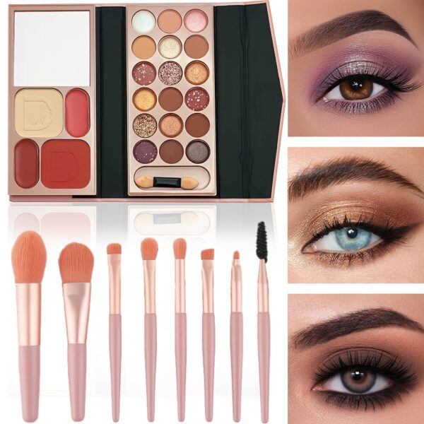 22-Color Travel Makeup Palette with Eyeshadows, Blusher, Lip Gloss, Pressed Powder - Portable Pocket Design with Brushes and Mirror, Ideal Gift, Design