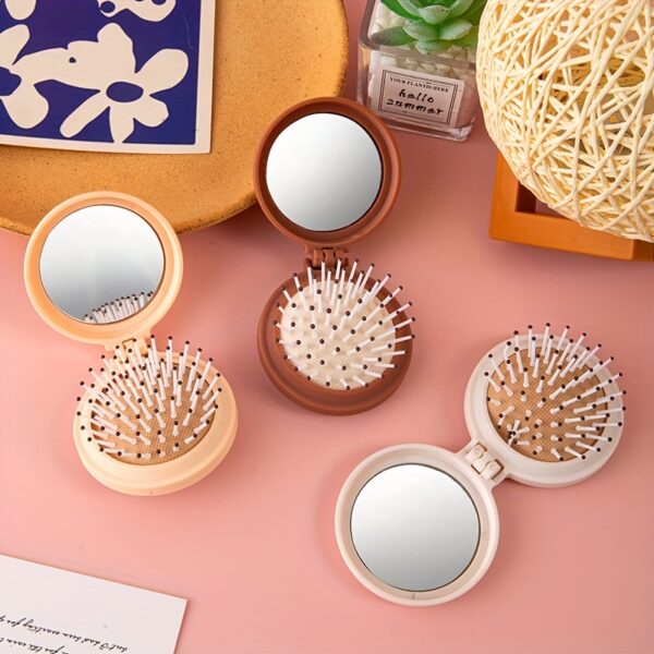 Compact Folding Mirror Comb - Portable Mini Air Cushion Massage Brush with Integrated Makeup Mirror, Cartoon-Themed, Odorless Plastic