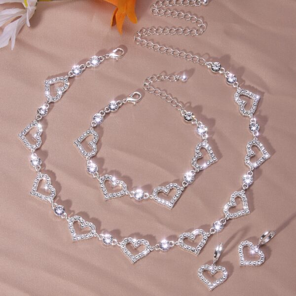 Full Shiny Rhinestones Jewelry Set Hollow Heart Shape Beads Choker Necklace & Dangle Earrings & Chain Bracelet Adjustable Jewelry Accessories Valentine's Day Gift