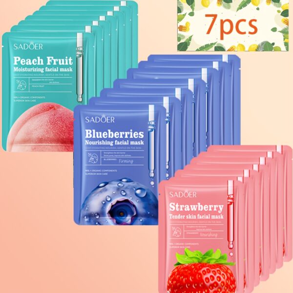 7pcs Fruit Mask Strawberry, Peach, Blueberry, Moisturizing and Hydrating, Gentle and Non-Irritating, Long-lasting Moisture, Suitable for All Skin Types, Essential for Daily Home Skin Care, Ideal Choice for Valentine's Day Gift