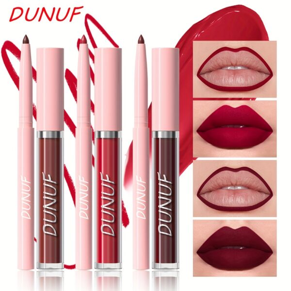 DUNUF  Matte Lip Gloss and Liner Set - 2 in 1 Waterproof, Sweat-Resistant, Long Lasting Liquid Lipstick, Full Coverage Matte Finish, Universal Skin Compatibility, Multi-Tone, Lightweight - Ideal Gift