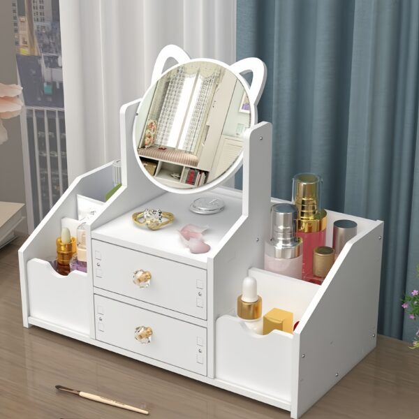 Elegant White Cat-Themed Makeup Organizer with Mirror & Drawers - Dustproof Wooden Cosmetic Storage Box for Skincare & Jewelry, 360° Rotating Design, No Electricity Required, Perfect for Vanity Display