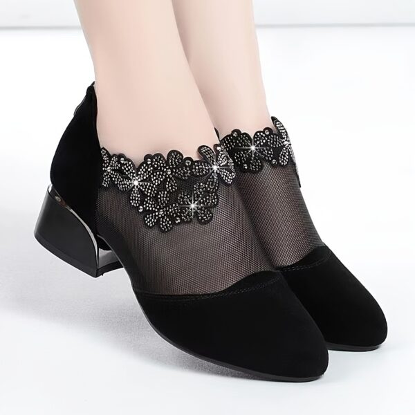 Women's Flower Rhinestone Mesh Block Heels, Fashion Back Zipper Solid, Versatile Dress Low Heels