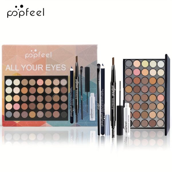 POPFEEL 40-Color Eyeshadow Palette Set, Matte & Shimmery, Natural Makeup Kit with Mascara, Eyeliner, Eyebrow Pencil, Brushes for Beginners - Black, Coral, Pink, Red Line, Silvery Tones