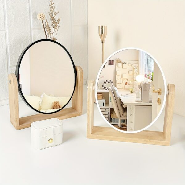 1pc Elegant Wooden Frame Double-Sided Makeup Mirror with Magnification - Rotating, Simple Desk Stand Design, Ideal for Home Vanity Use, Makeup Vanity Desk