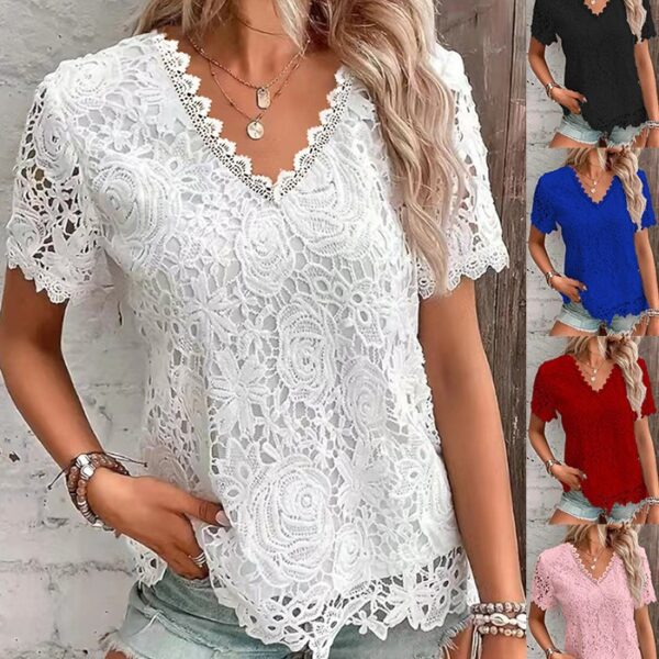 Fashion Lace Short Sleeve Top European and American Women's Clothing Fashion Tops T-shirt Lace Short Sleeve Women