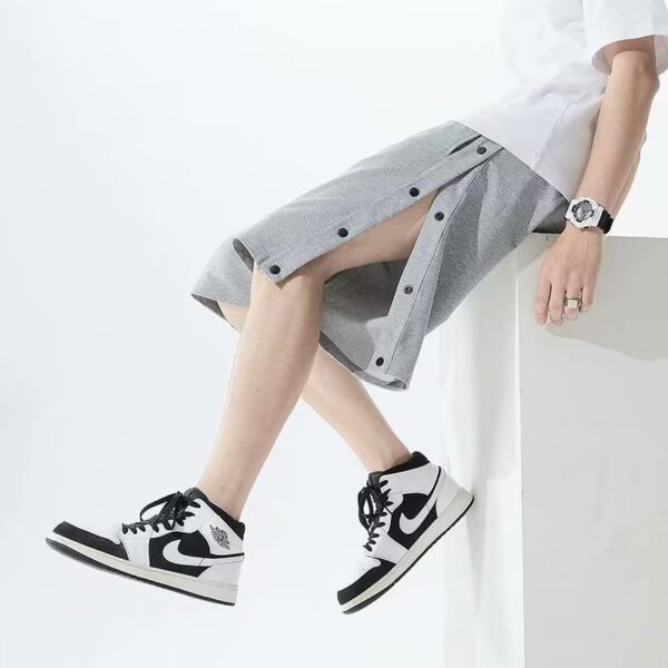 Men's Side Button Shorts Five-Point Sports Shorts Summer Loose Straight Pants Side Button Full Open Basketball Shorts