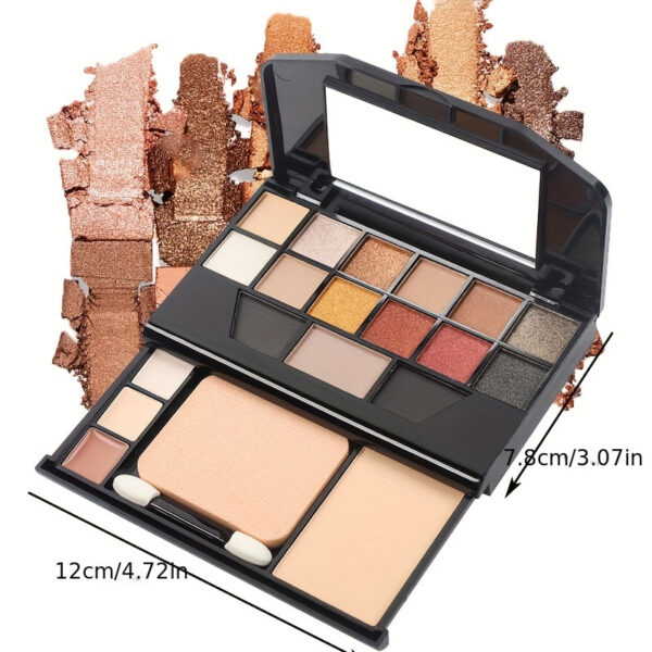 19-Color Multifunctional Makeup Palette with 12 Eyeshadow Shades, Eyebrow Powder, Contour, Concealer, Foundation, Puff & Eyeshadow Stick, Compact Travel Cosmetic Kit, Powder Form, Mixed Brown Tones