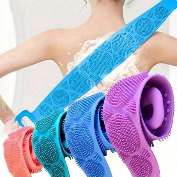 Silicone Body Scrubber Bath Brush - 1pc Non-Scented Exfoliating Shower Belt with Long Handle - Skin-Friendly Soft Comfort Back Exfoliator - Durable Easy-Clean Body Brush for Mud & Ash Removal - No Battery Needed