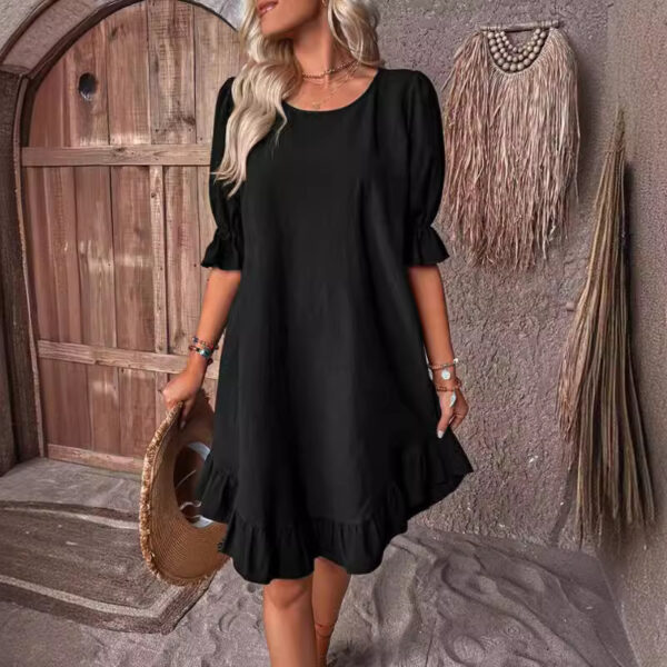 Women's Retro Cotton Linen Mid-Sleeve Dress Round Neck Solid Color Loose Fit Flared Dress