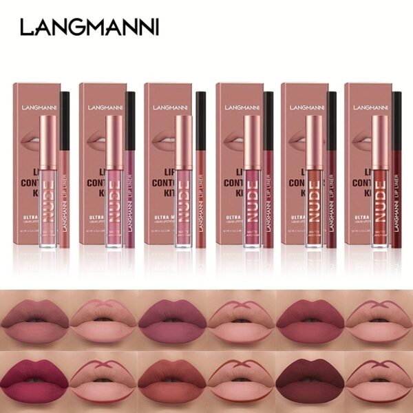 LANGMANNI 2Pcs Lipgloss+Lipliner Long-Lasting Waterproof Liquid Lipstick Makeup Set Valentine's Day Gifts