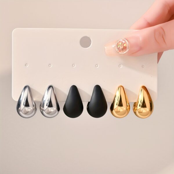 [Popular Choice] 3 Pairs of Fashionable and Popular European and American Golden, Black and Silvery Classic and Fashionable Water Drop Style Women's Earrings Set