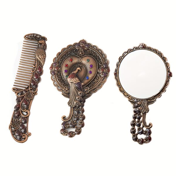 A Set Of Two Vintage Makeup Mirrors With Makeup Brush Handles, Featuring A Small Mirror On The Handle, Portable And Convenient, Making It A Great Gift Set.
